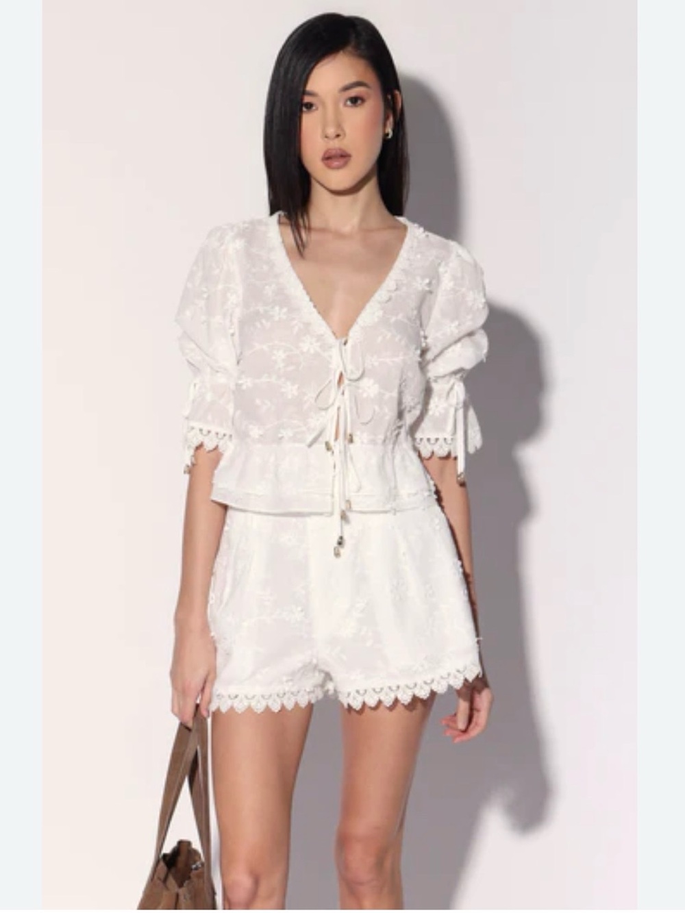 Walter Baker White Embroidered Bardot Top with Tassel Accents